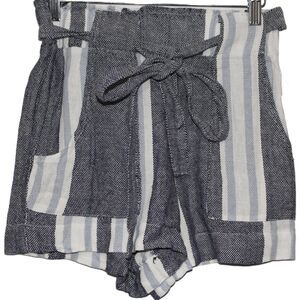 Womens Indigo Rein Blue Striped Linen Blend Paperbag High Waisted Shorts Size S